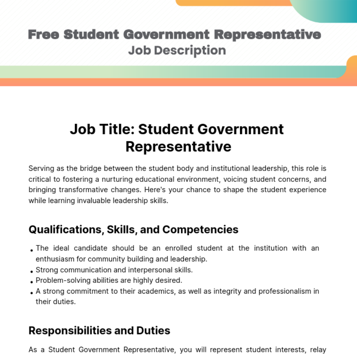 Free Student Government Job Description Template