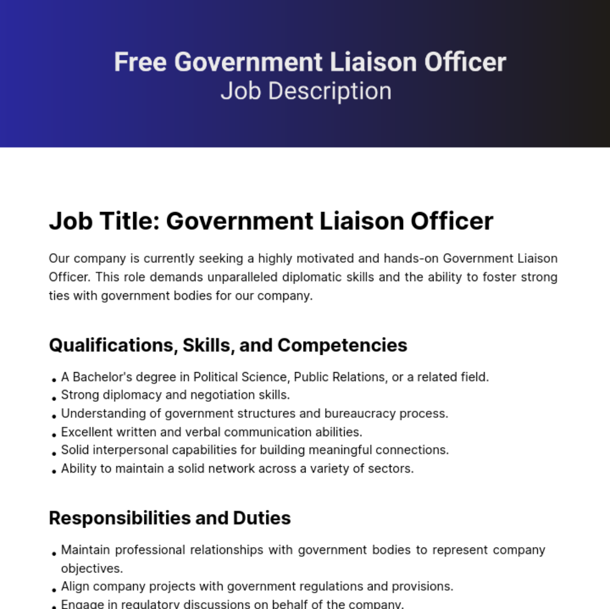 Free Government Liaison Officer Job Description Template