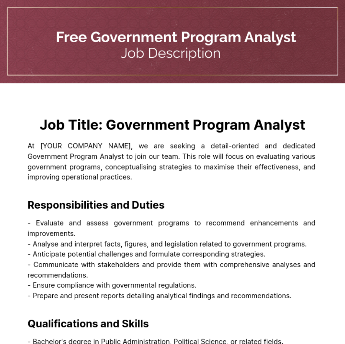 Free Government Program Analyst Job Description Template