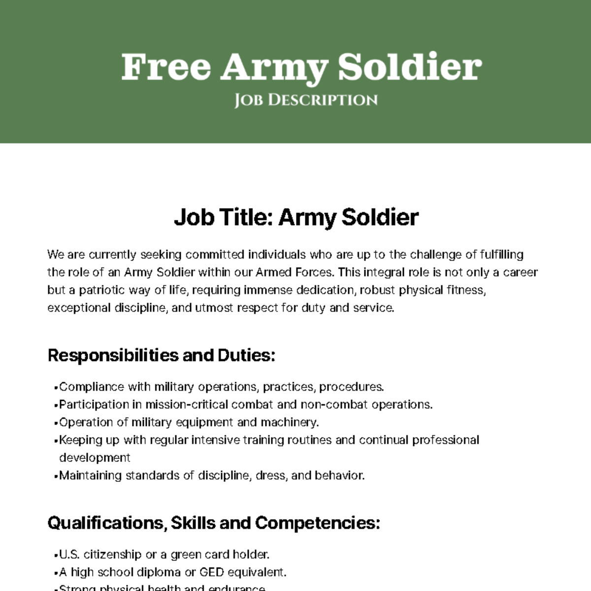 Free Army Soldier Job Description Template