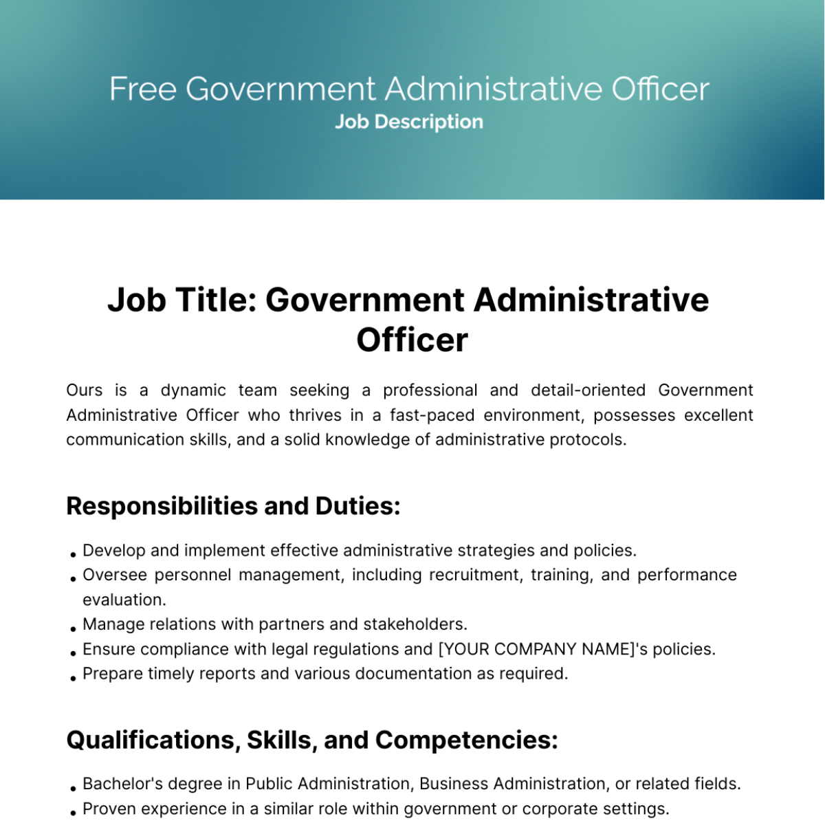 Government Administrative Officer Job Description Template
