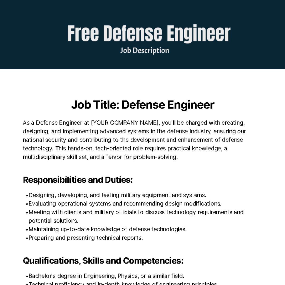 Free Defense Engineer Job Description Template