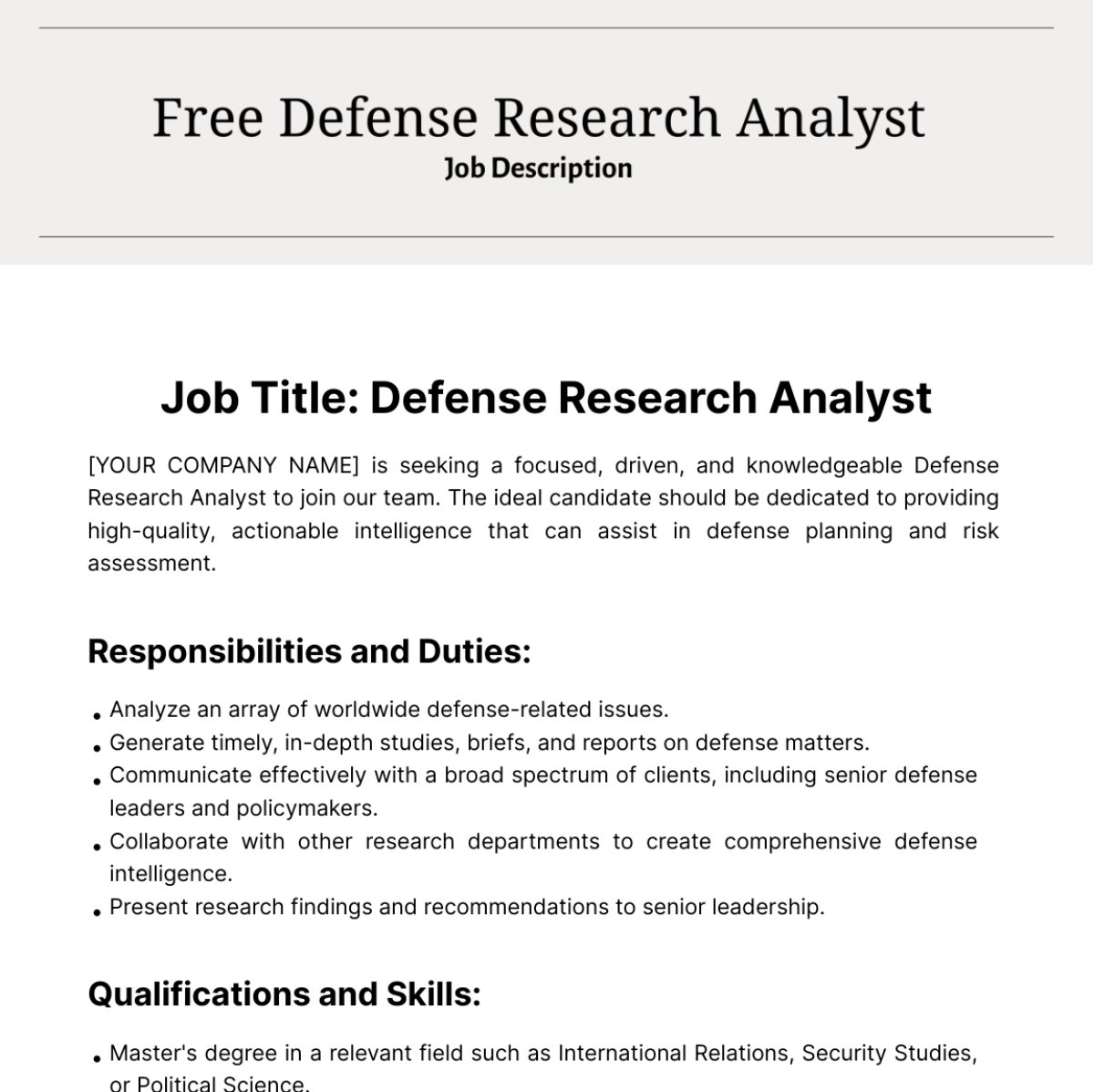 Defense Research Analyst Job Description Template