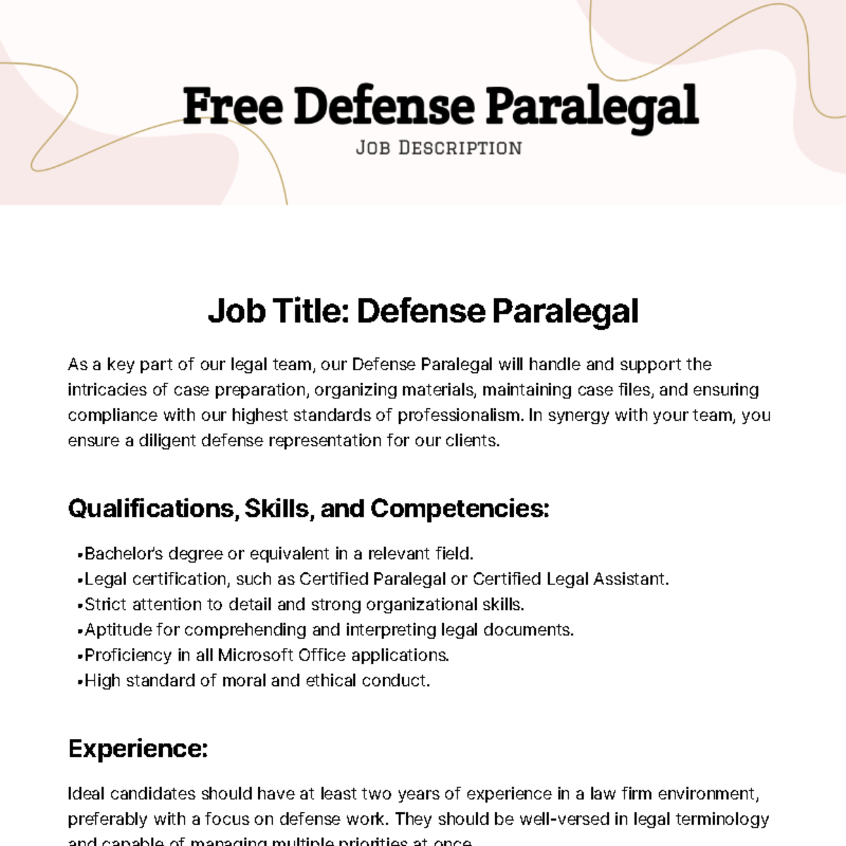 Free Defense Paralegal Job Description Template