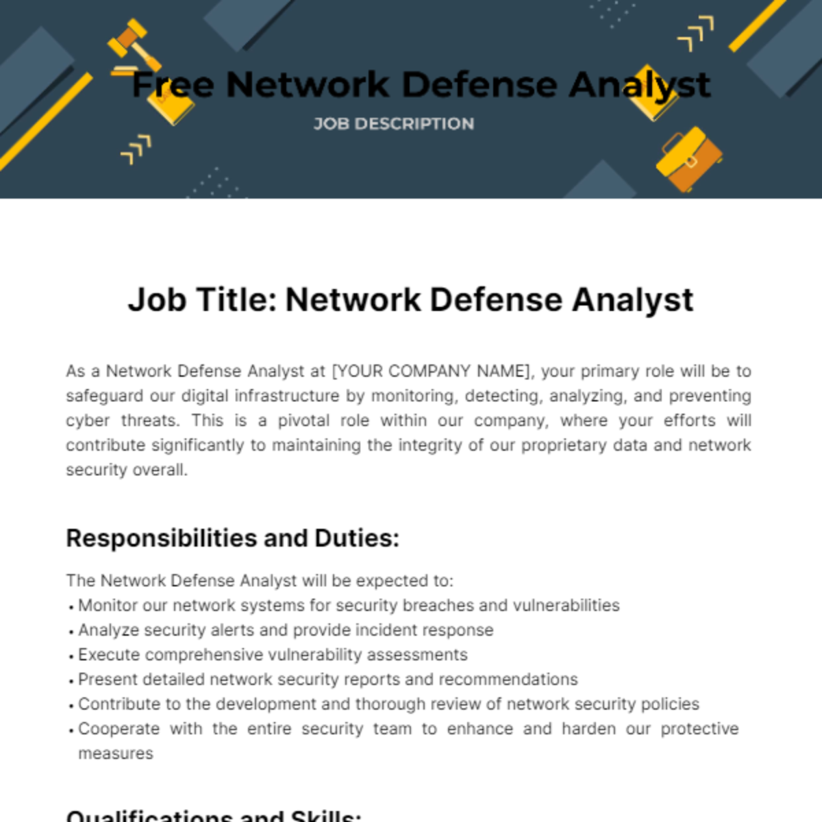 Free Network Defense Analyst Job Description Template