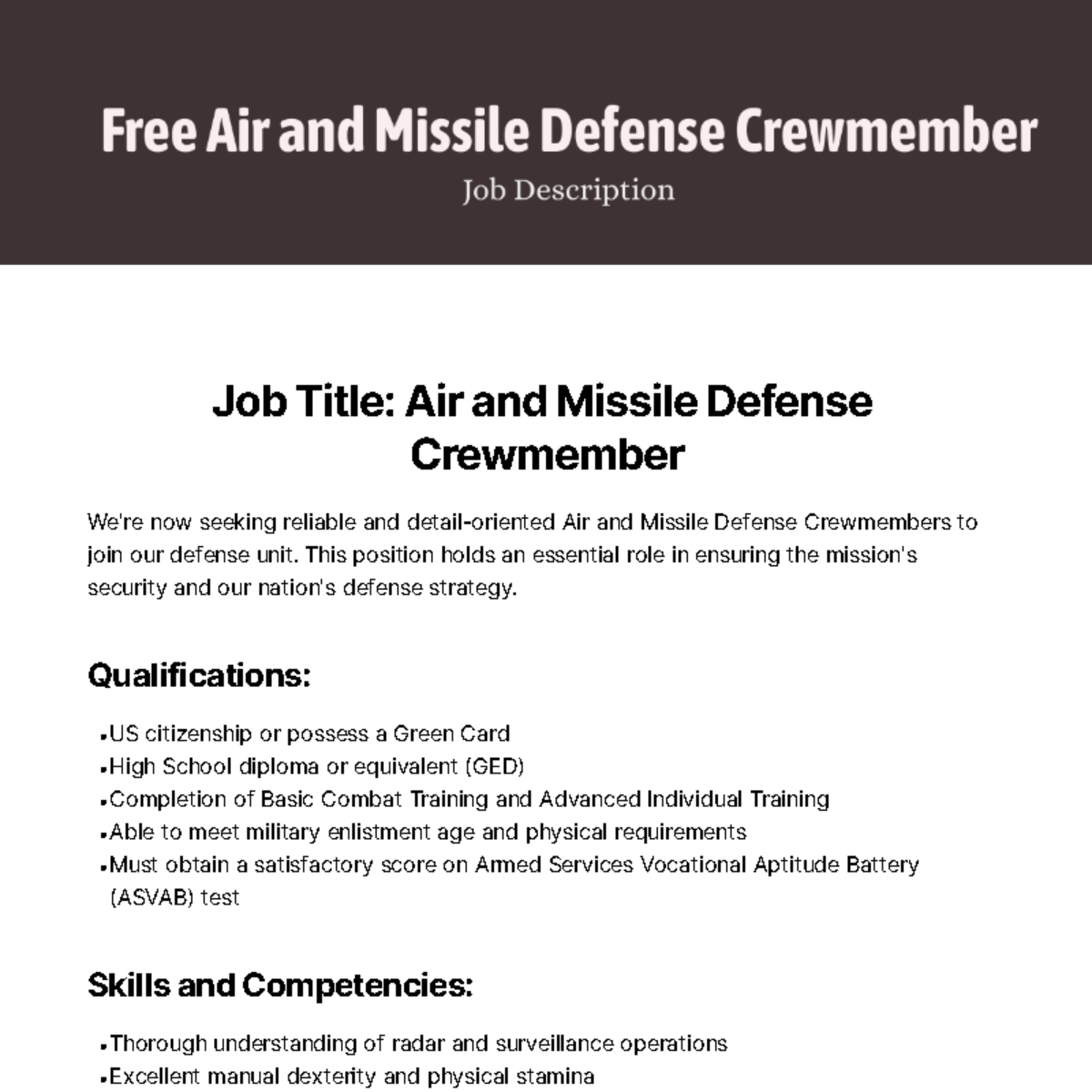 Free Air and Missile Defense Crewmember Job Description Template