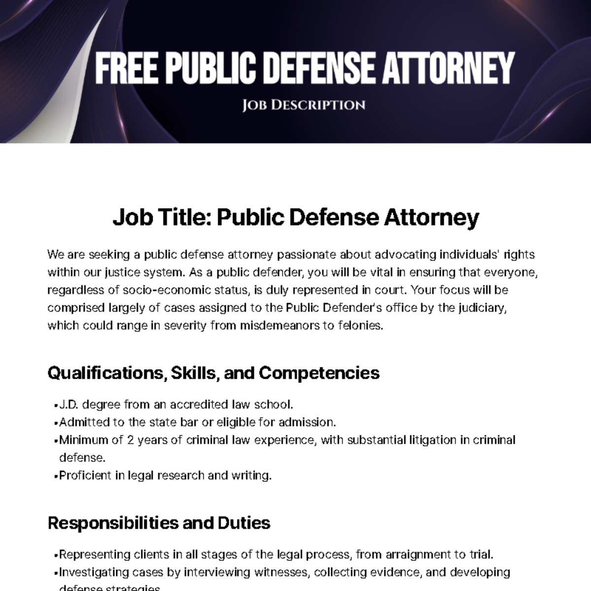 Free Public Defense Attorney Job Description Template