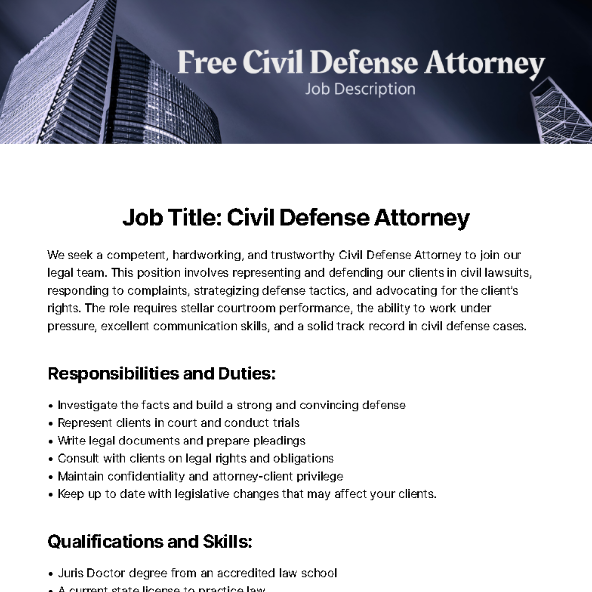 Civil Defense Attorney Job Description Template