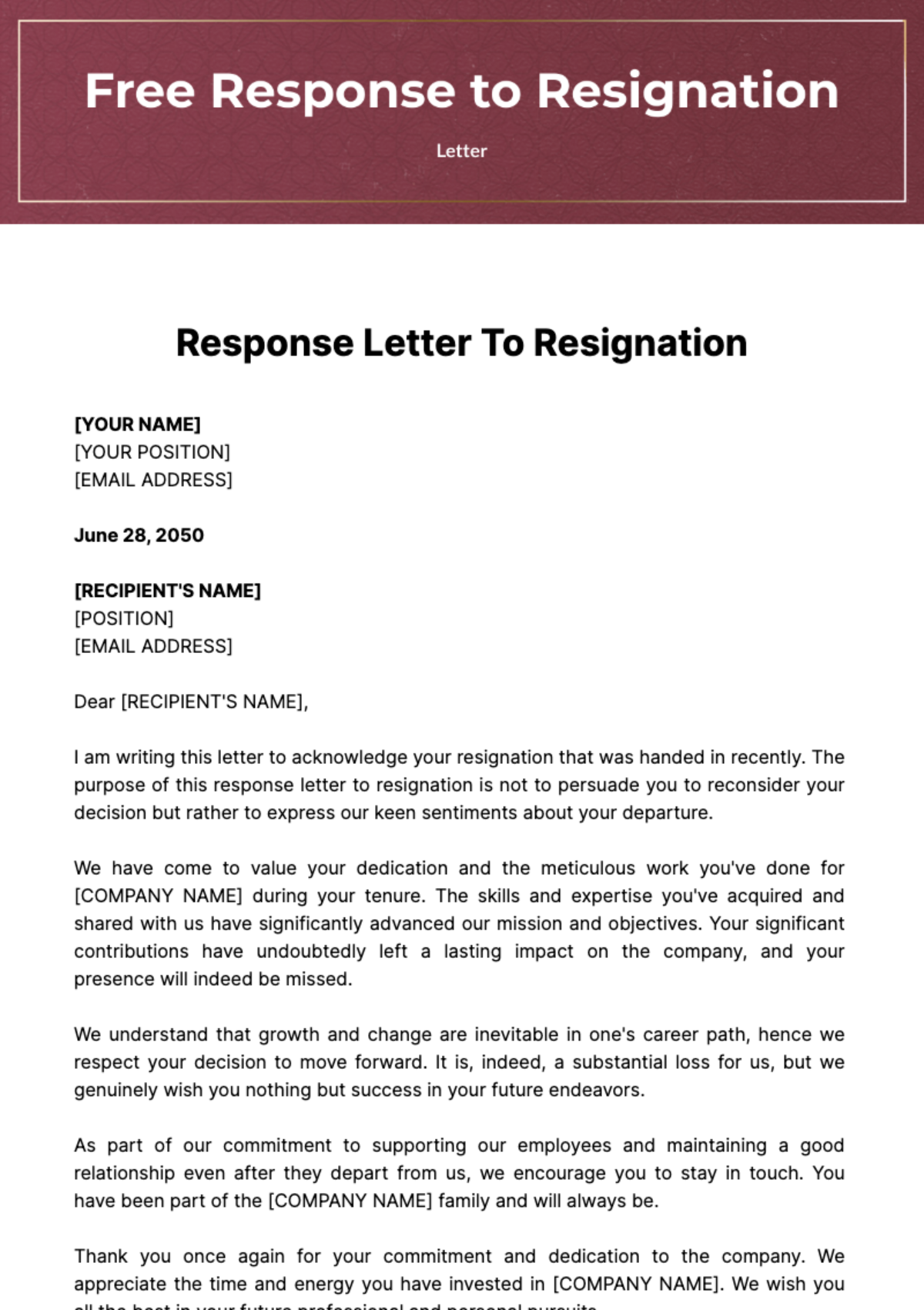 Free Response Letter to Resignation Template