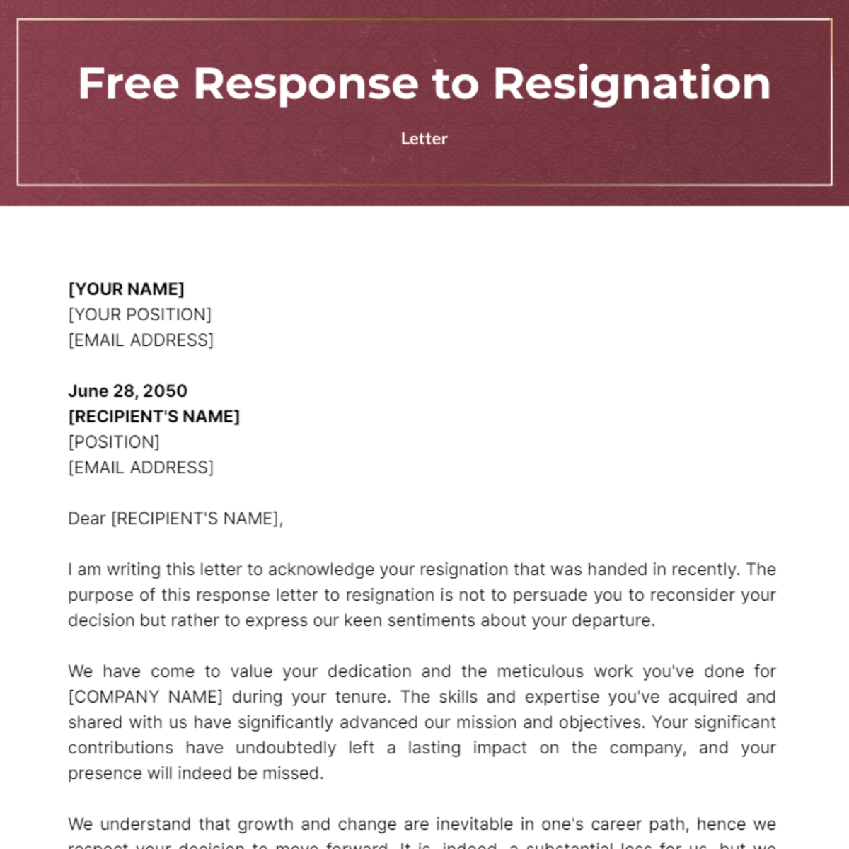 Free Response Letter to Resignation