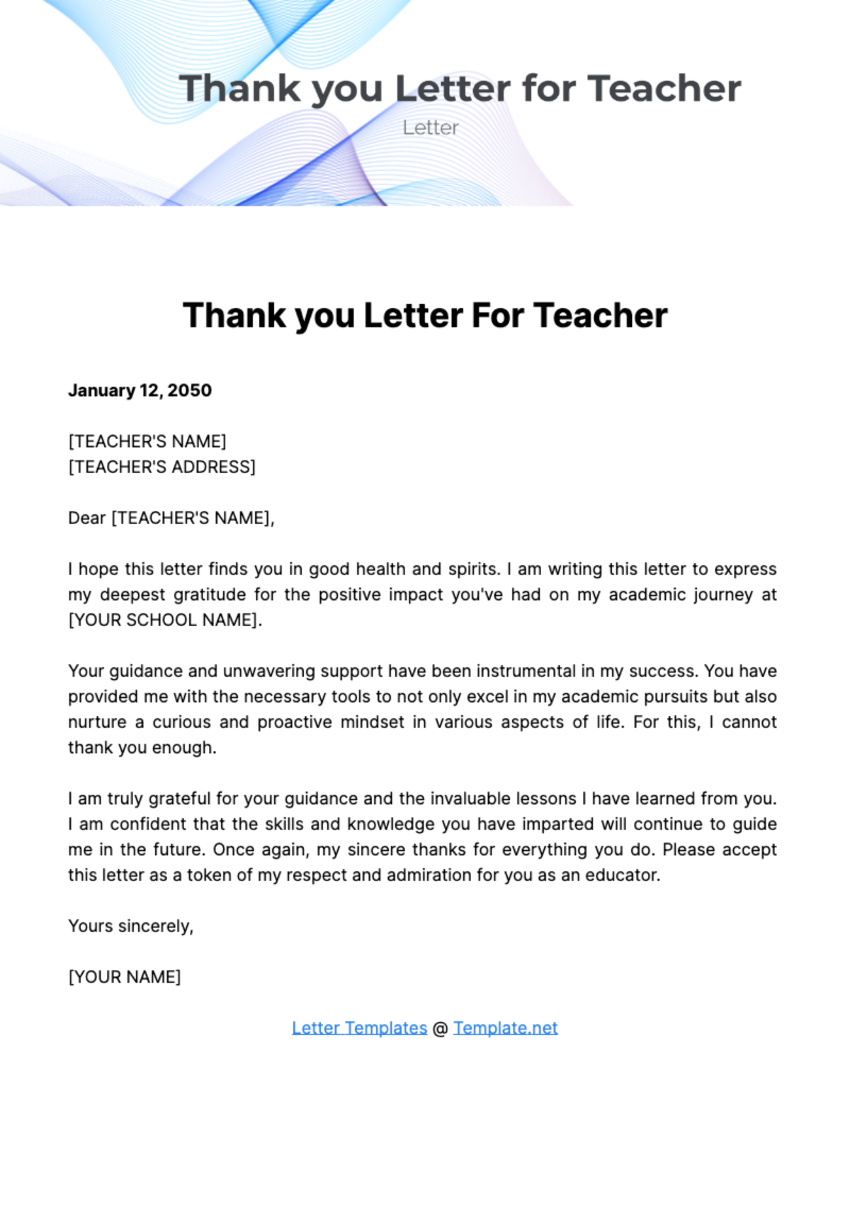 Free Thank you Letter for Teacher Template