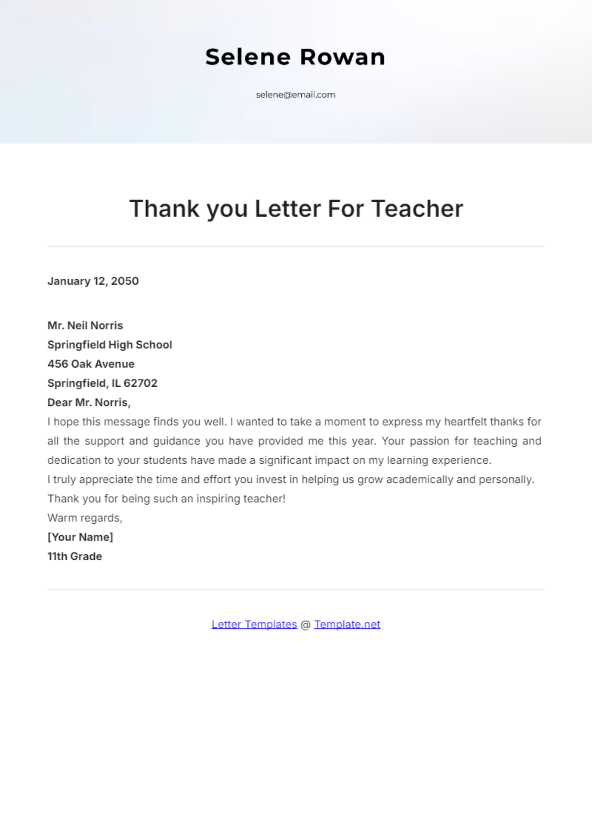 Thank you Letter for Teacher Template - Edit Online & Download