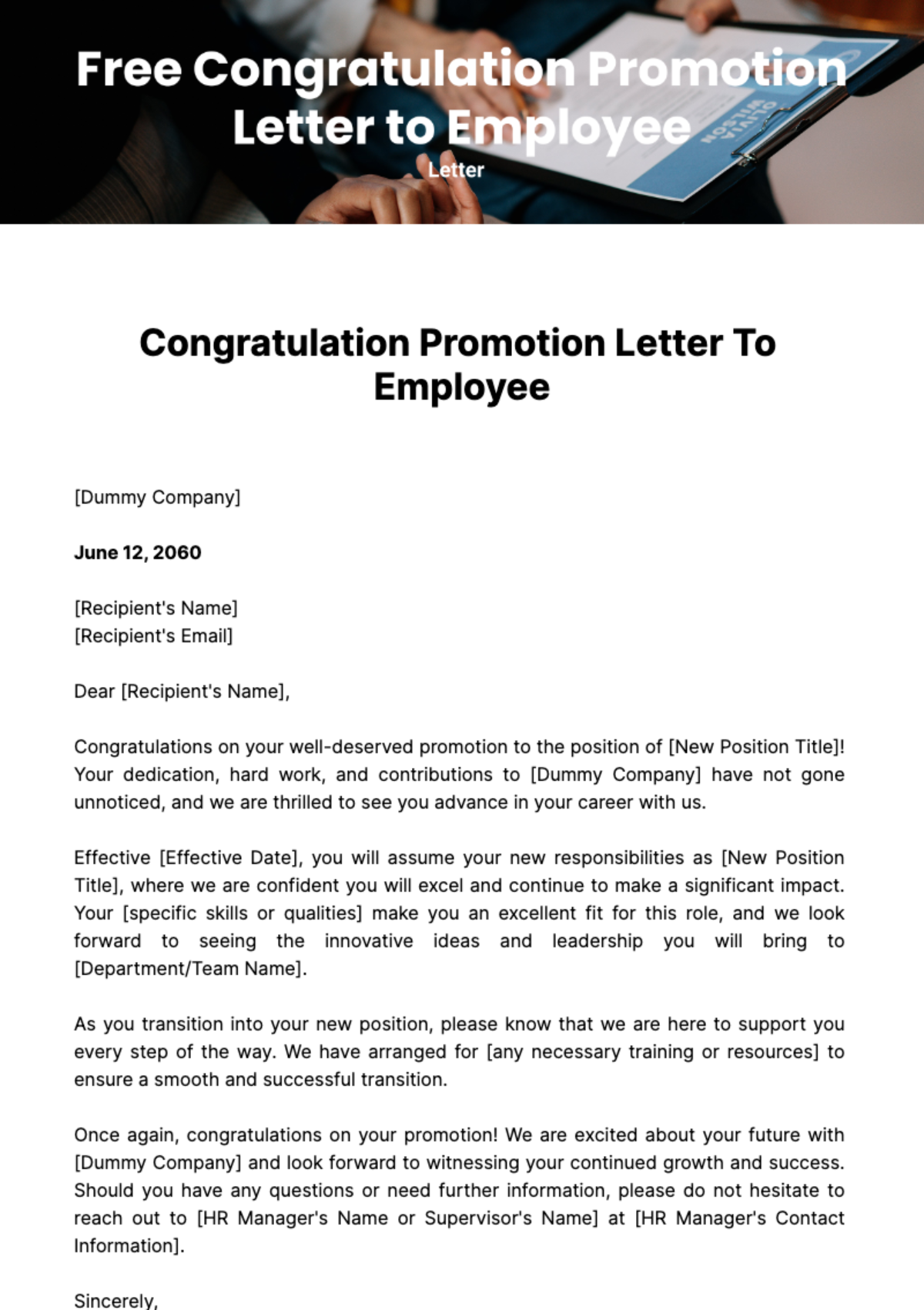 Free Congratulation Promotion Letter to Employee Template