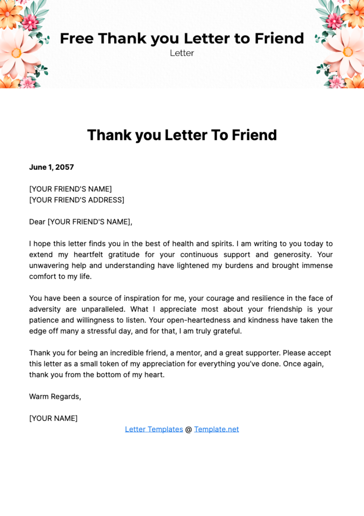 Free Thank you Letter to Friend Template
