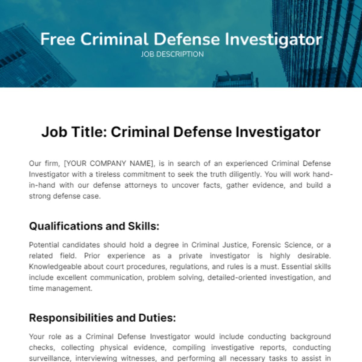 Free Criminal Defense Investigator Job Description Template