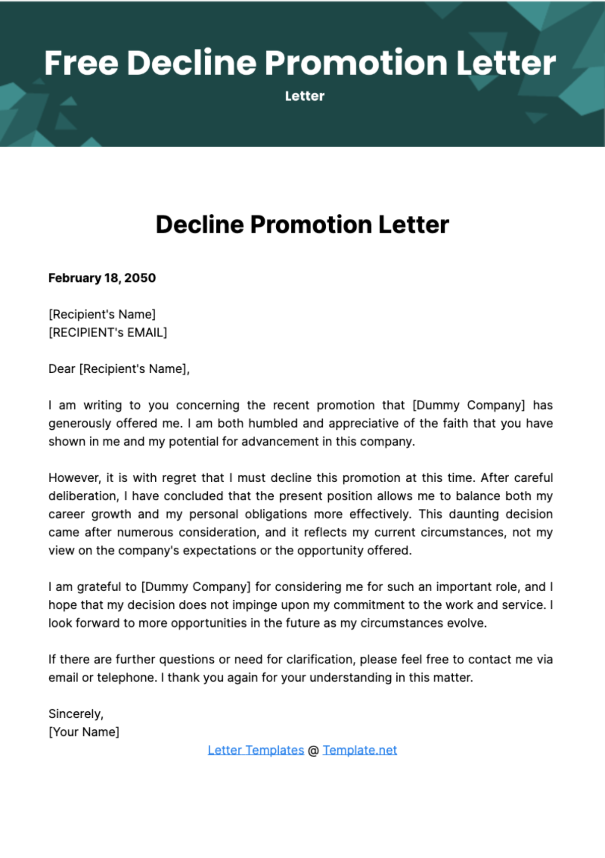 Decline Promotion Letter Template