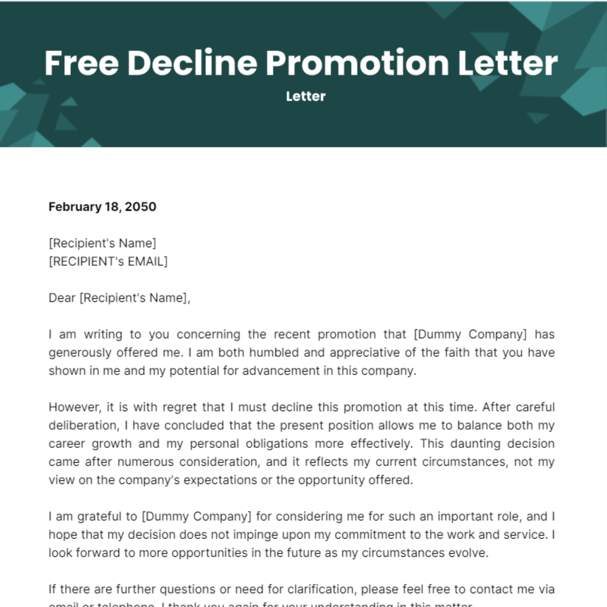 Decline Promotion Letter Template - Edit Online & Download