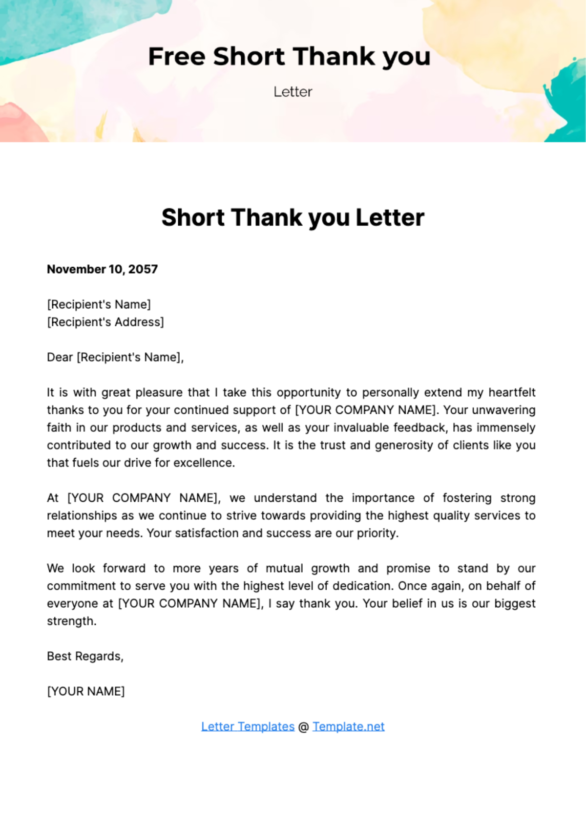 Free Short Thank you Letter Template