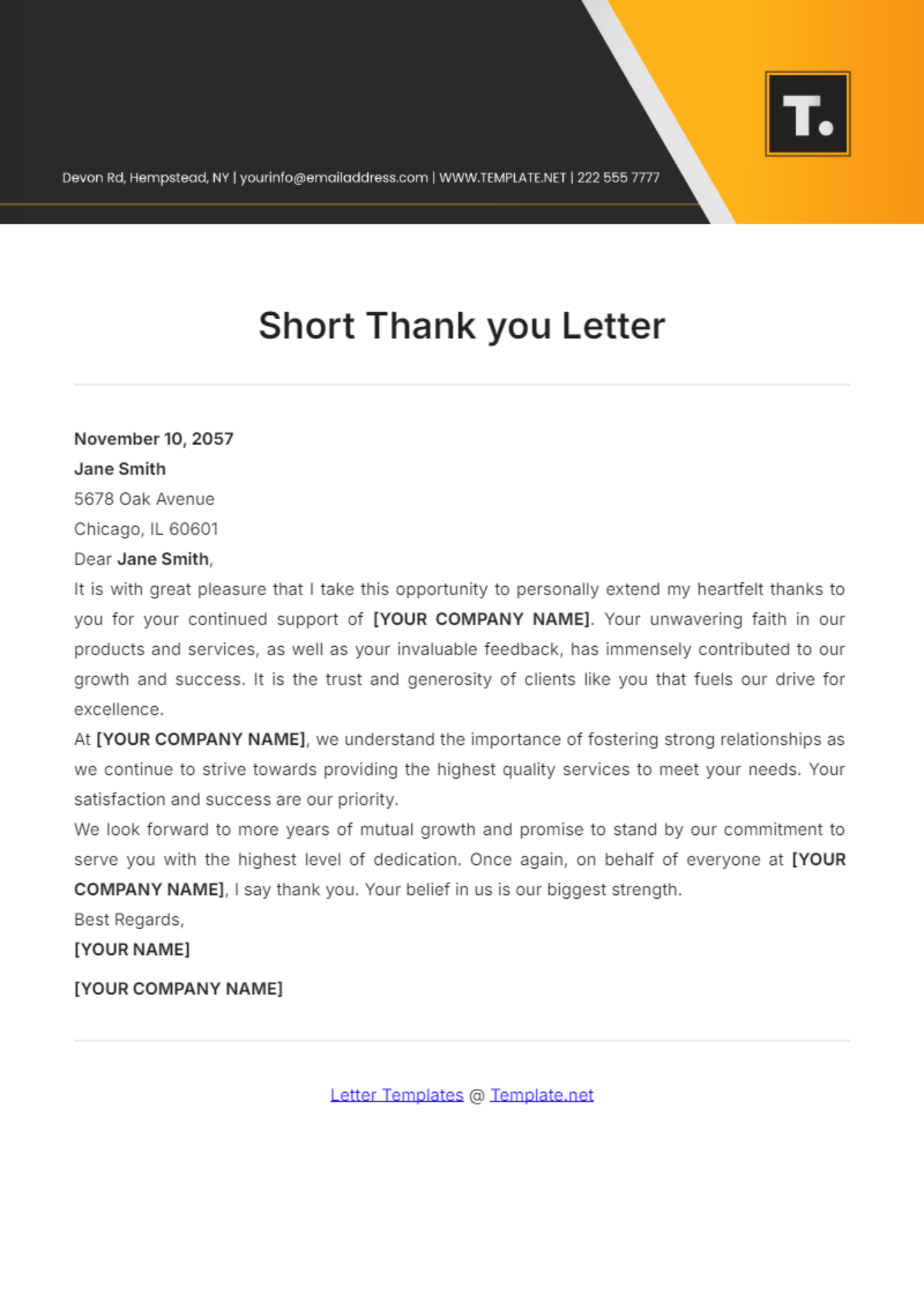 Short Thank you Letter Template - Edit Online & Download