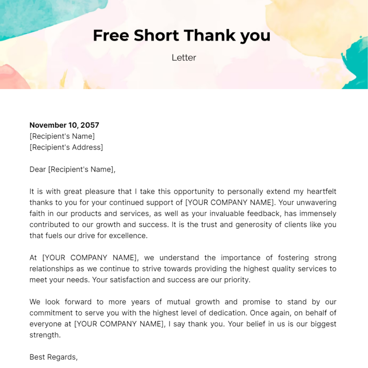 Short Thank you Letter Template