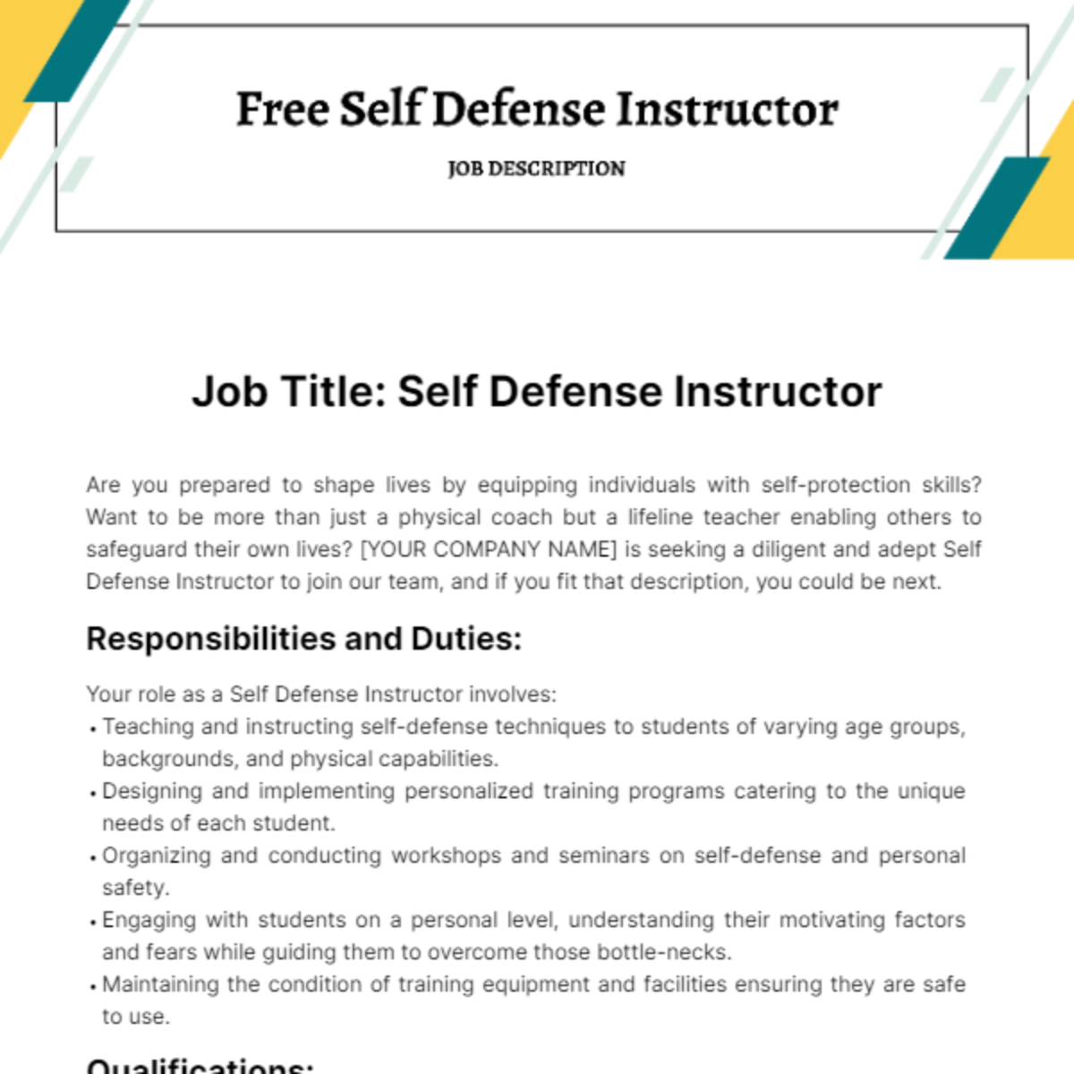 Free Self Defense Instructor Job Description Template