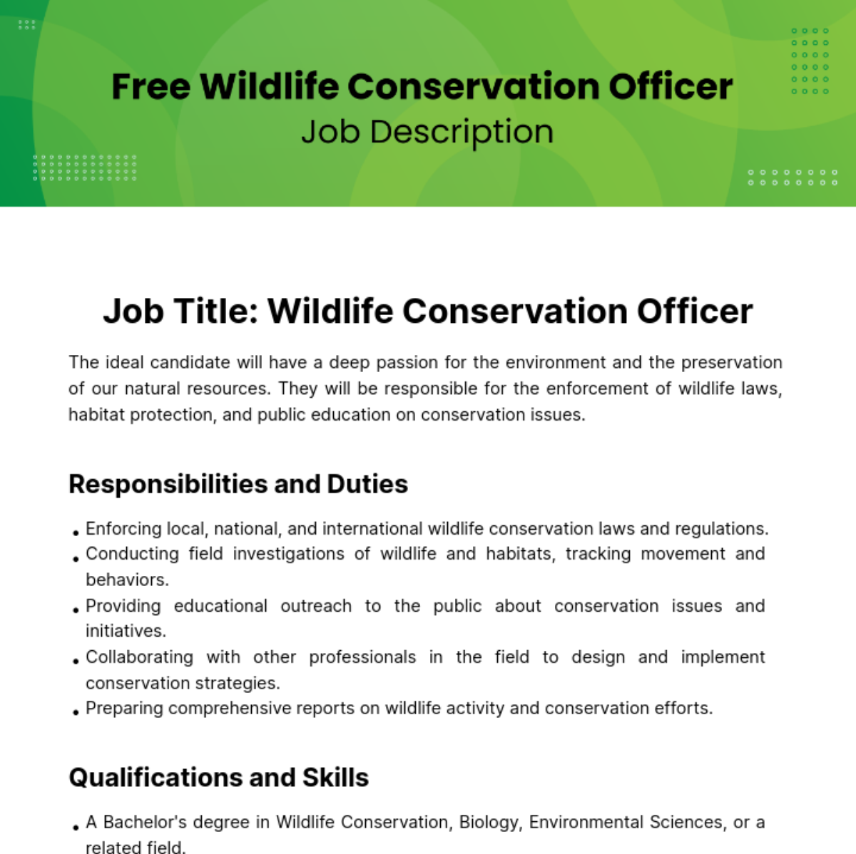 Free Wildlife Conservation Officer Job Description Template