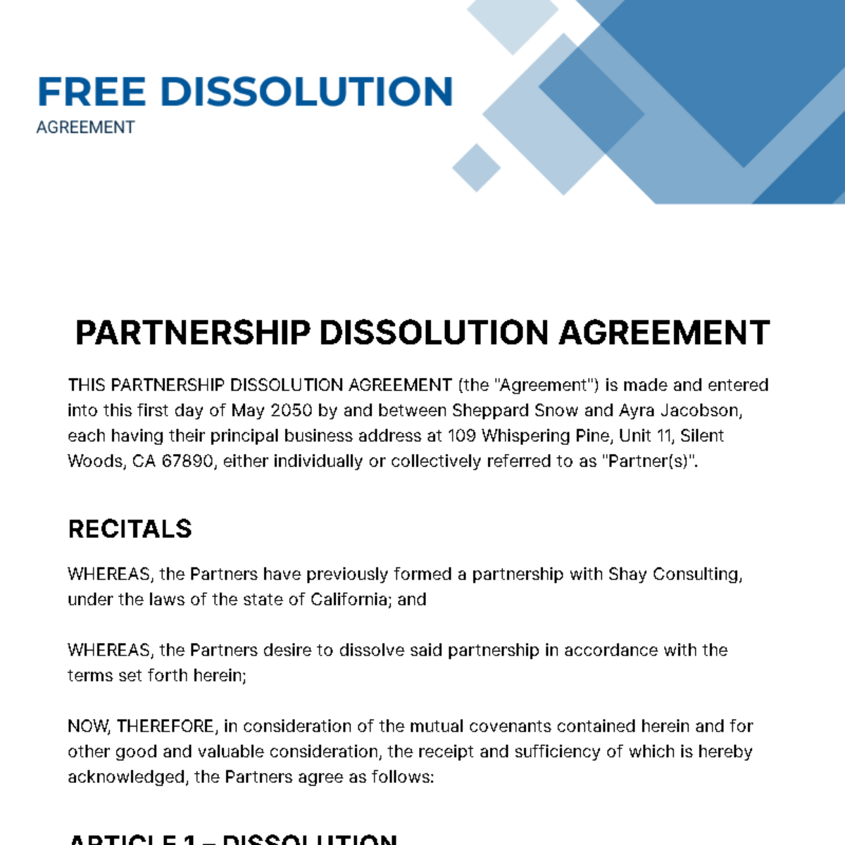 Dissolution Agreement Template