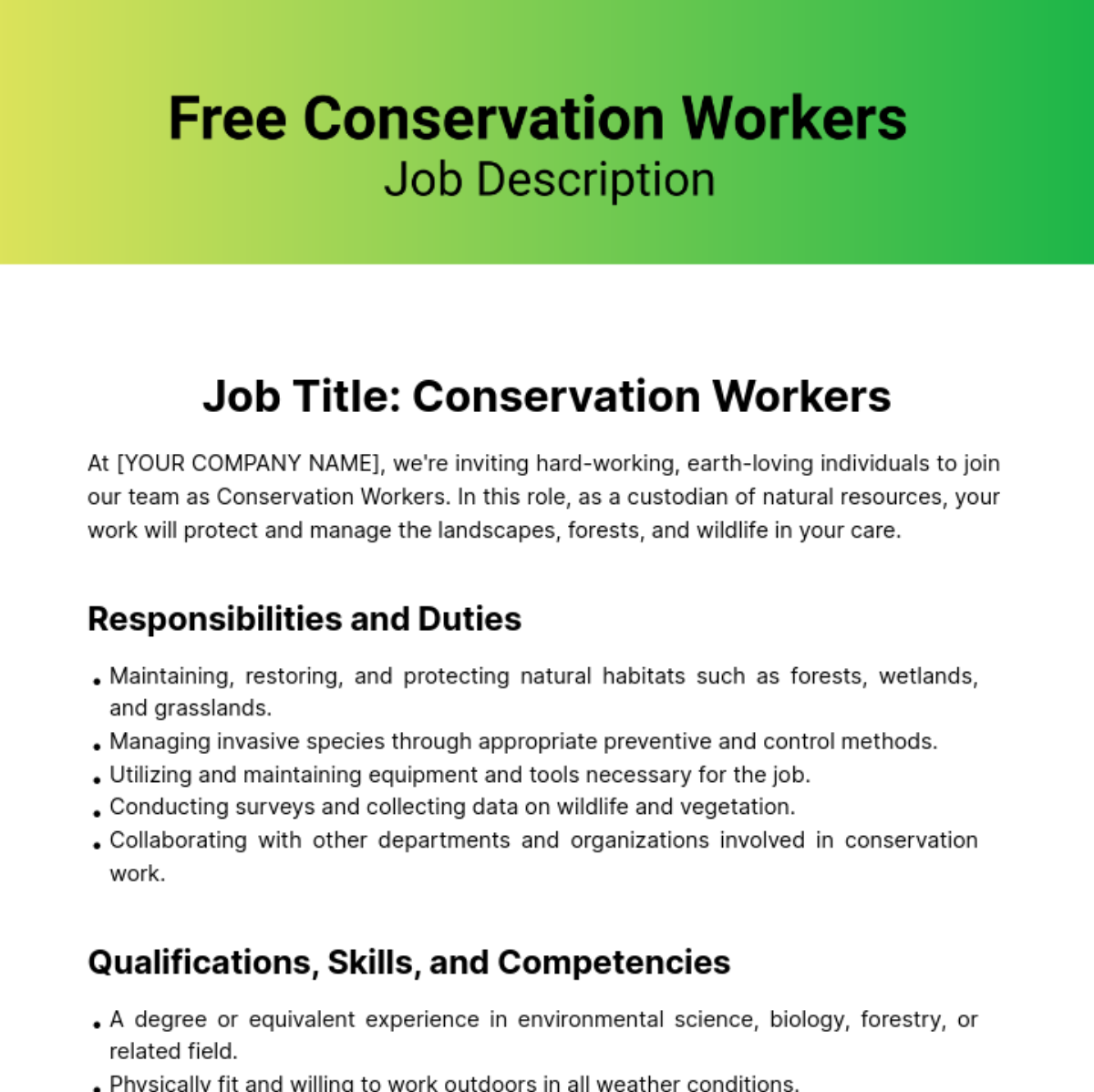 Conservation Workers Job Description Template