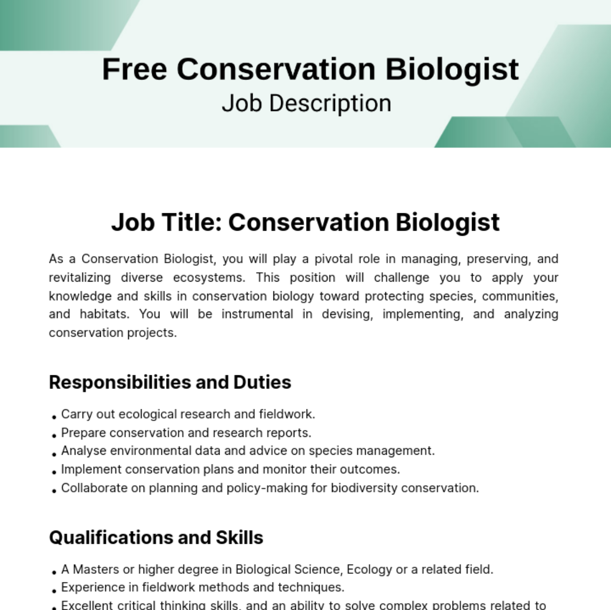 Free Conservation Biologist Job Description Template