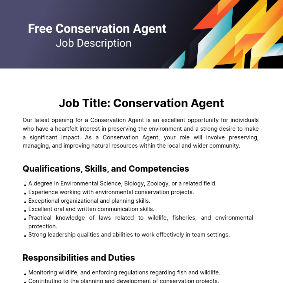 Free Conservation Agent Job Description Template