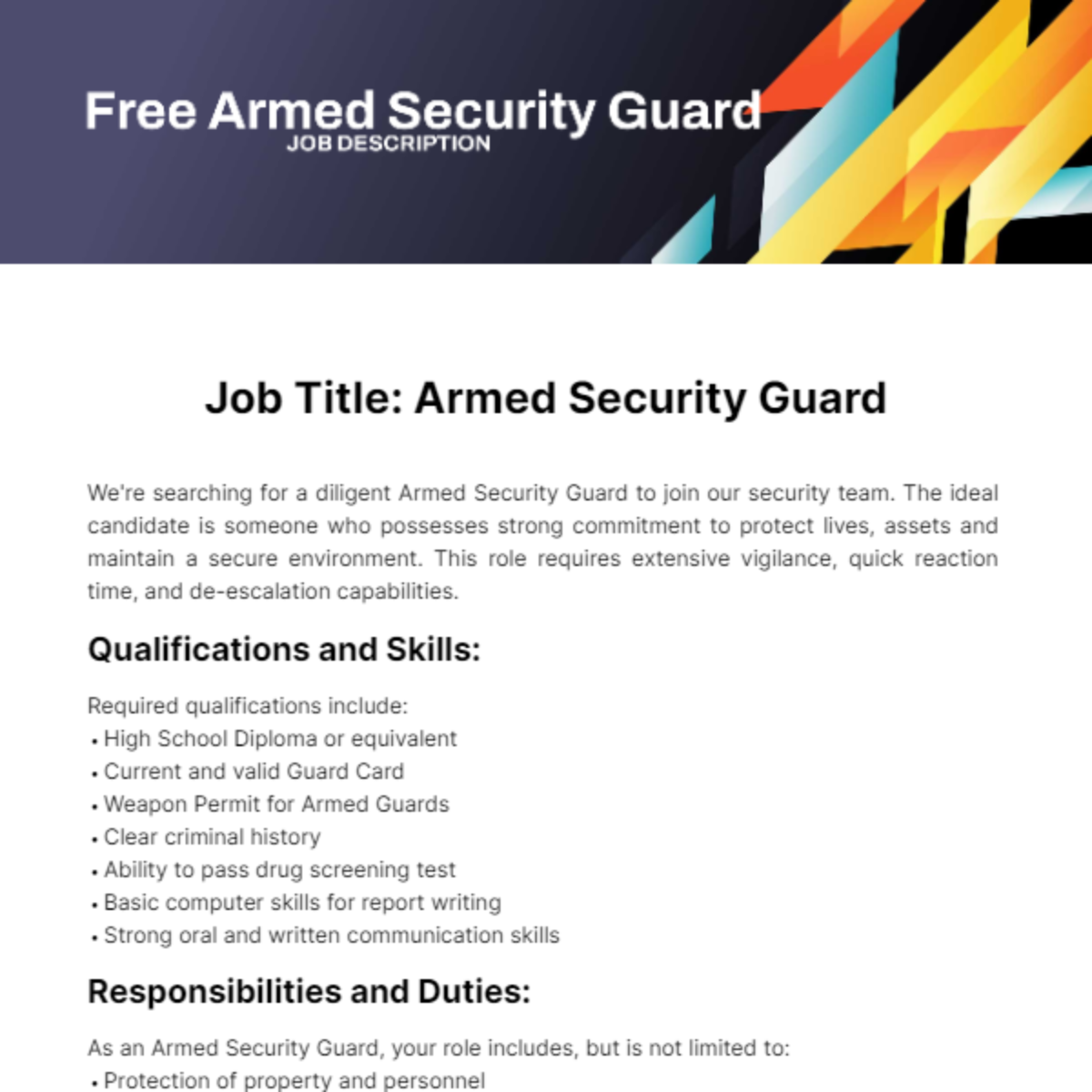 Free Armed Security Guard Job Description Template