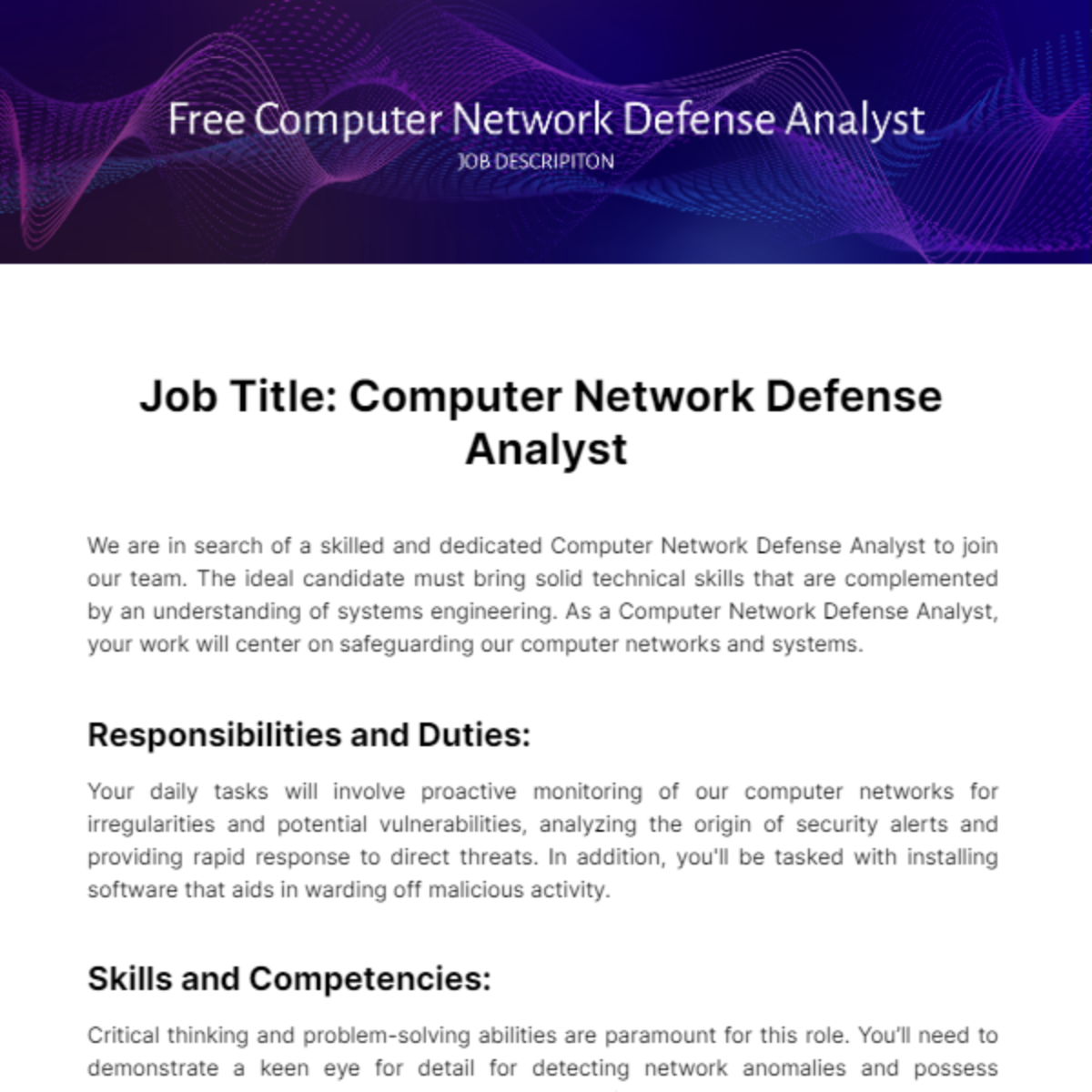 Computer Network Defense Analyst Job Description Template