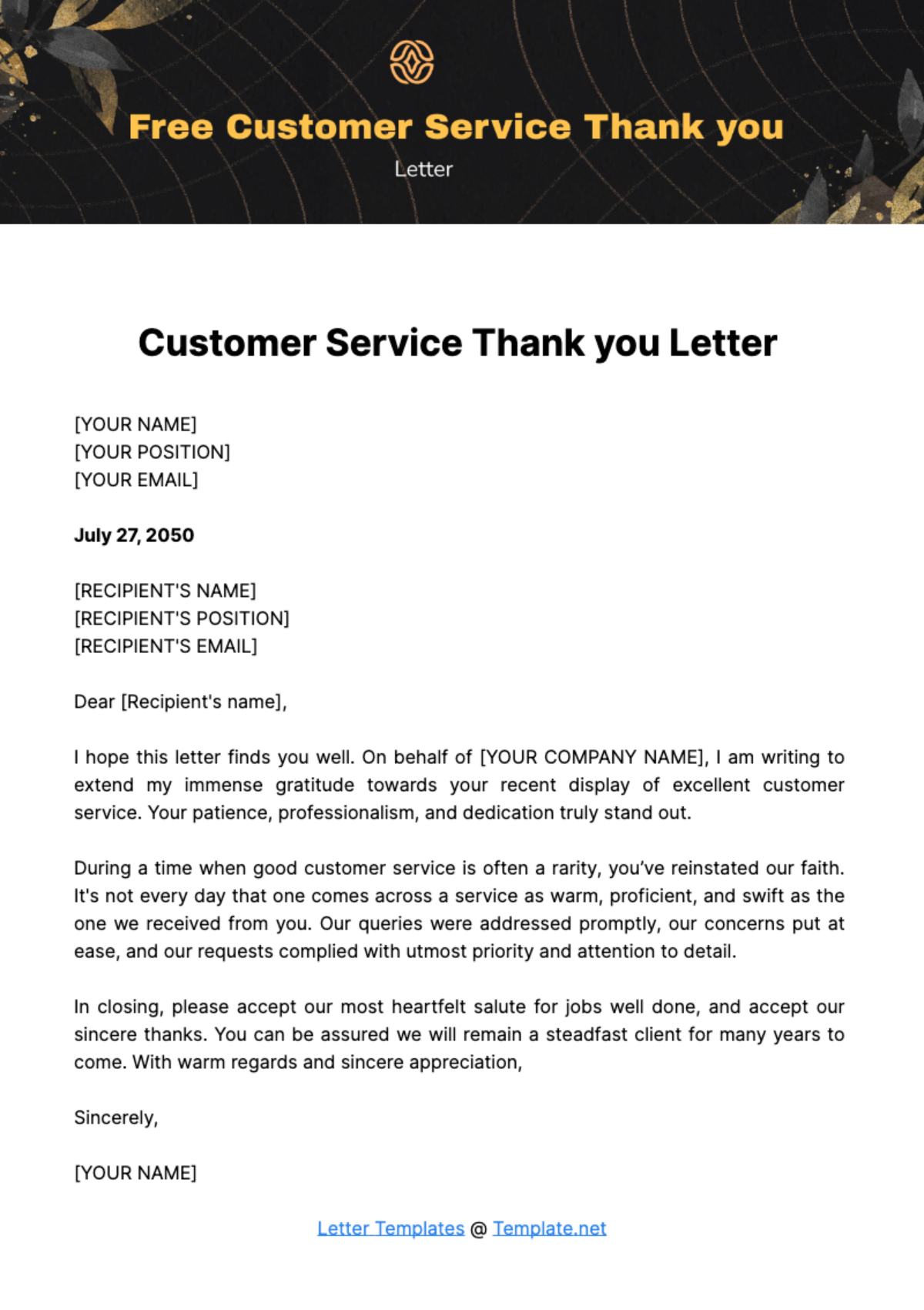 Free Customer Service Thank you Letter Template