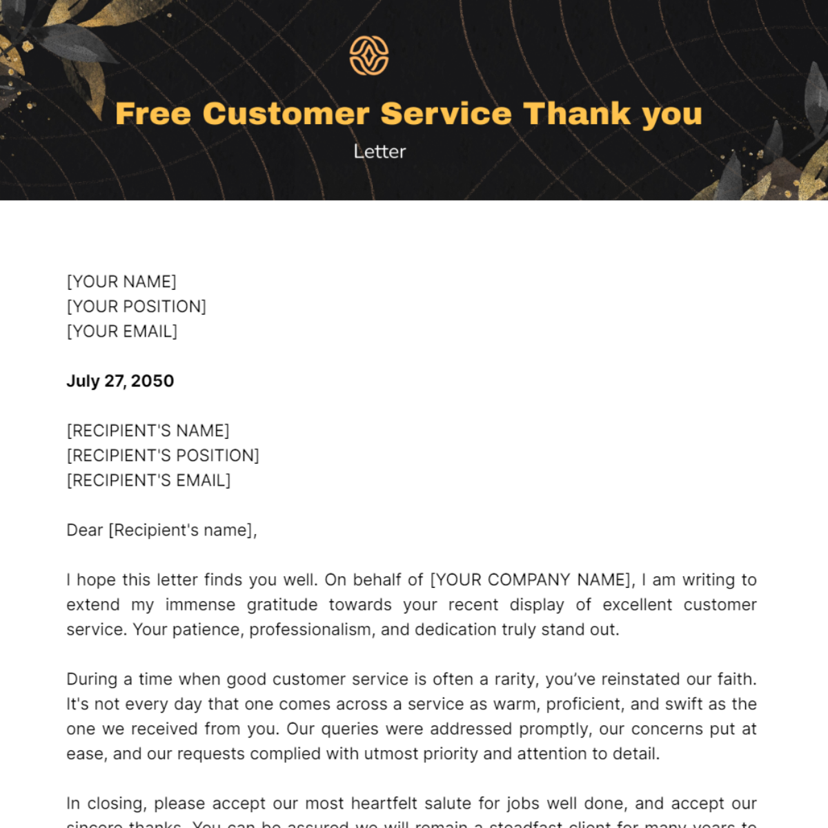 Customer Service Thank you Letter Template