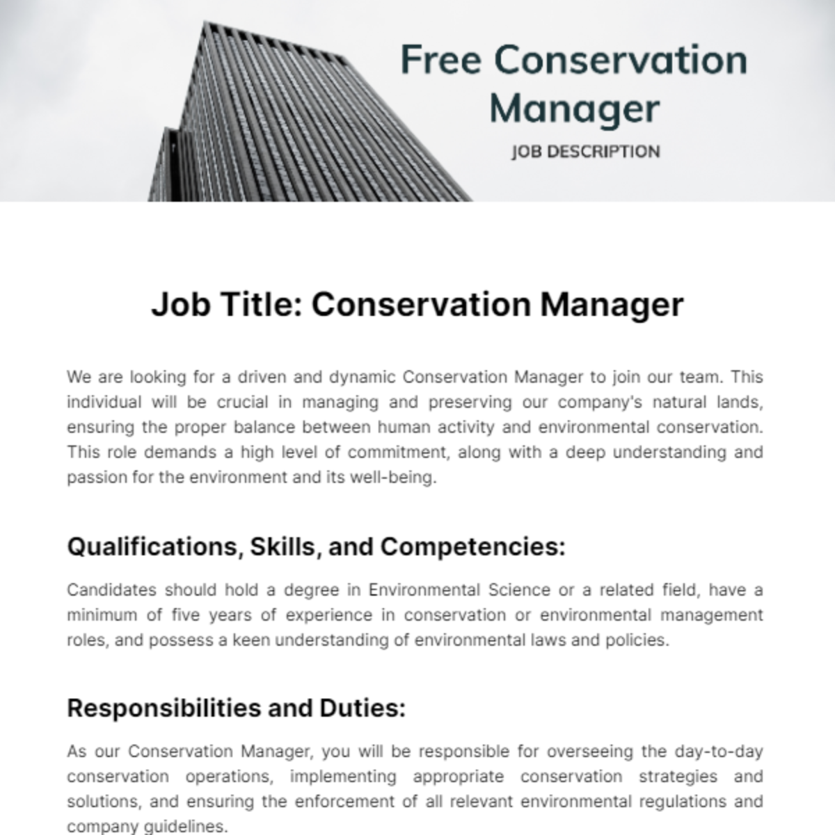 Free Conservation Manager Job Description Template