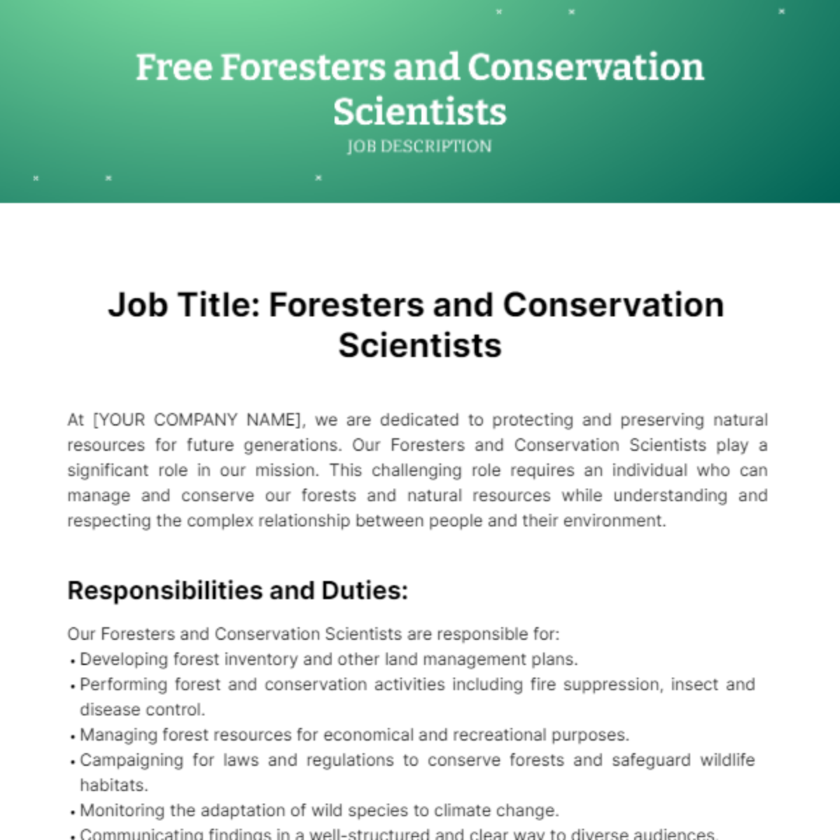 Foresters and Conservation Scientists Job Description Template