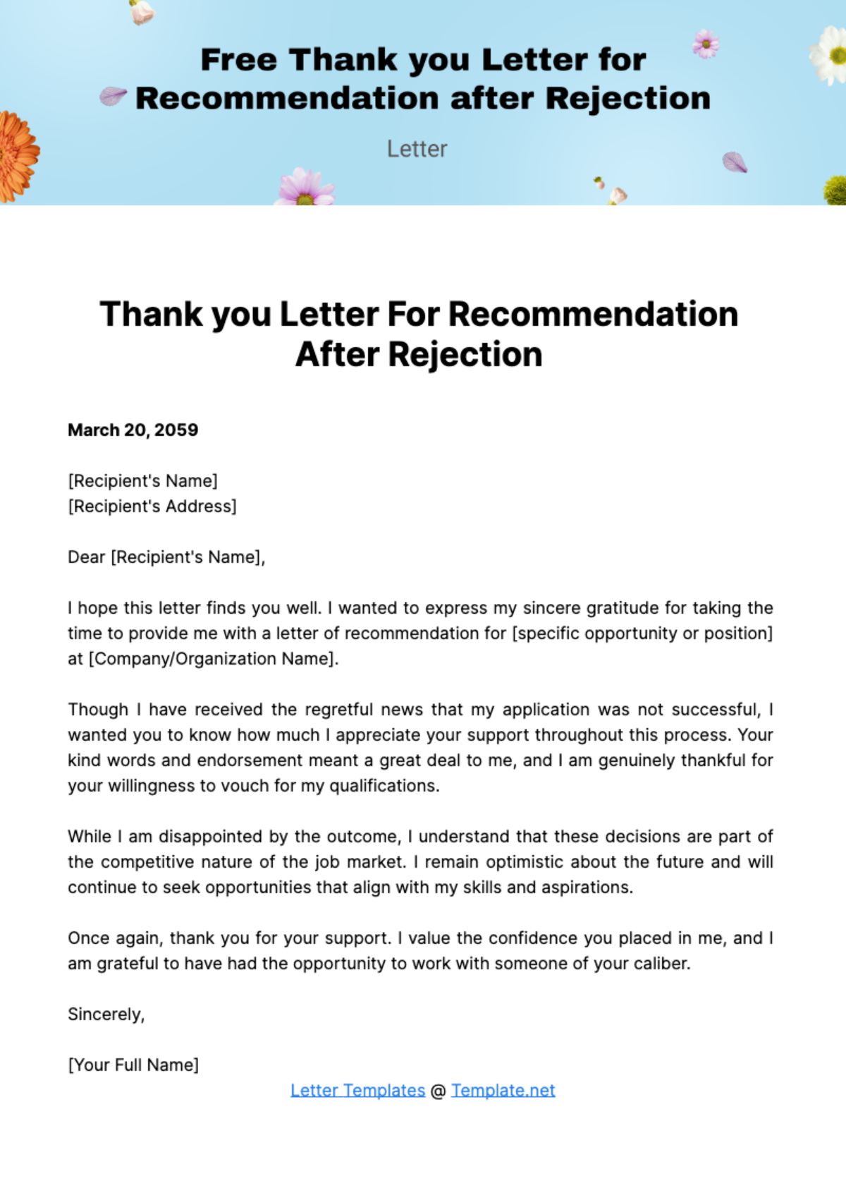 Thank you Letter for Recommendation after Rejection Template