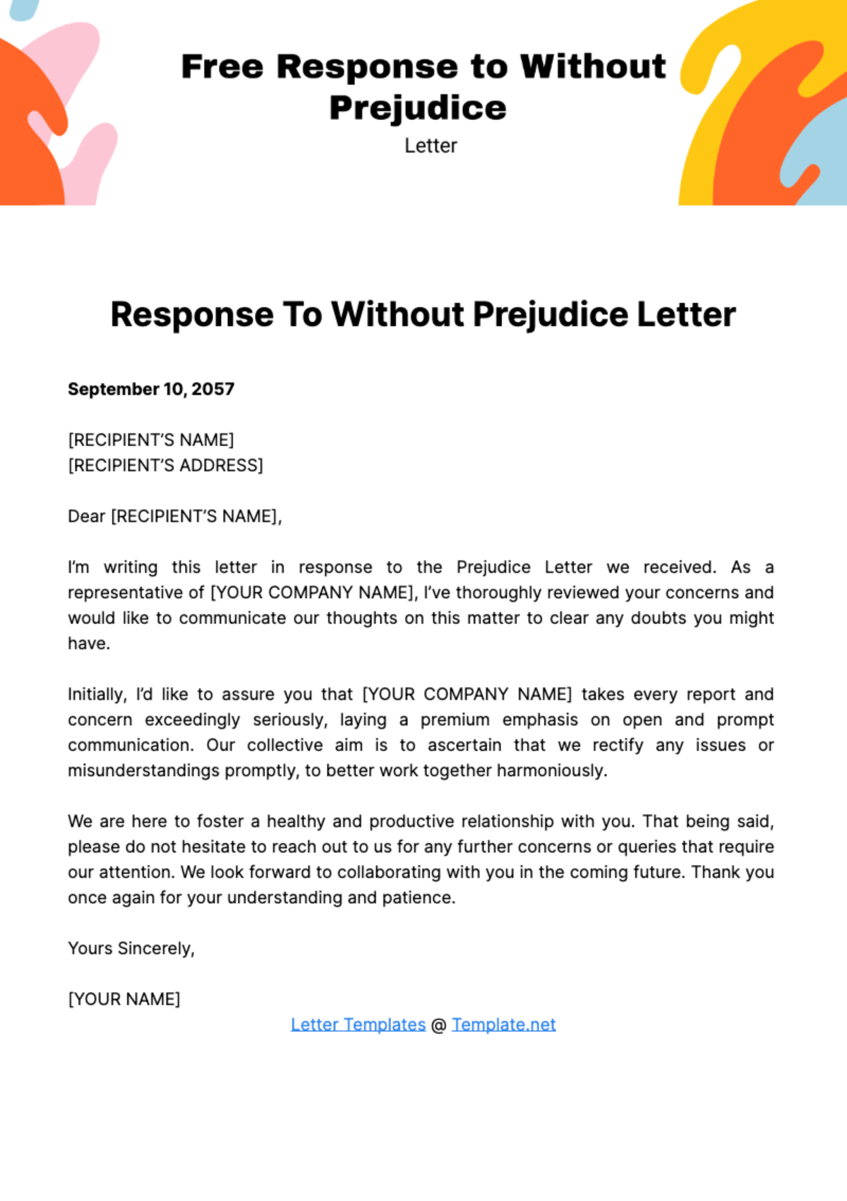 Free Response to Without Prejudice Letter Template
