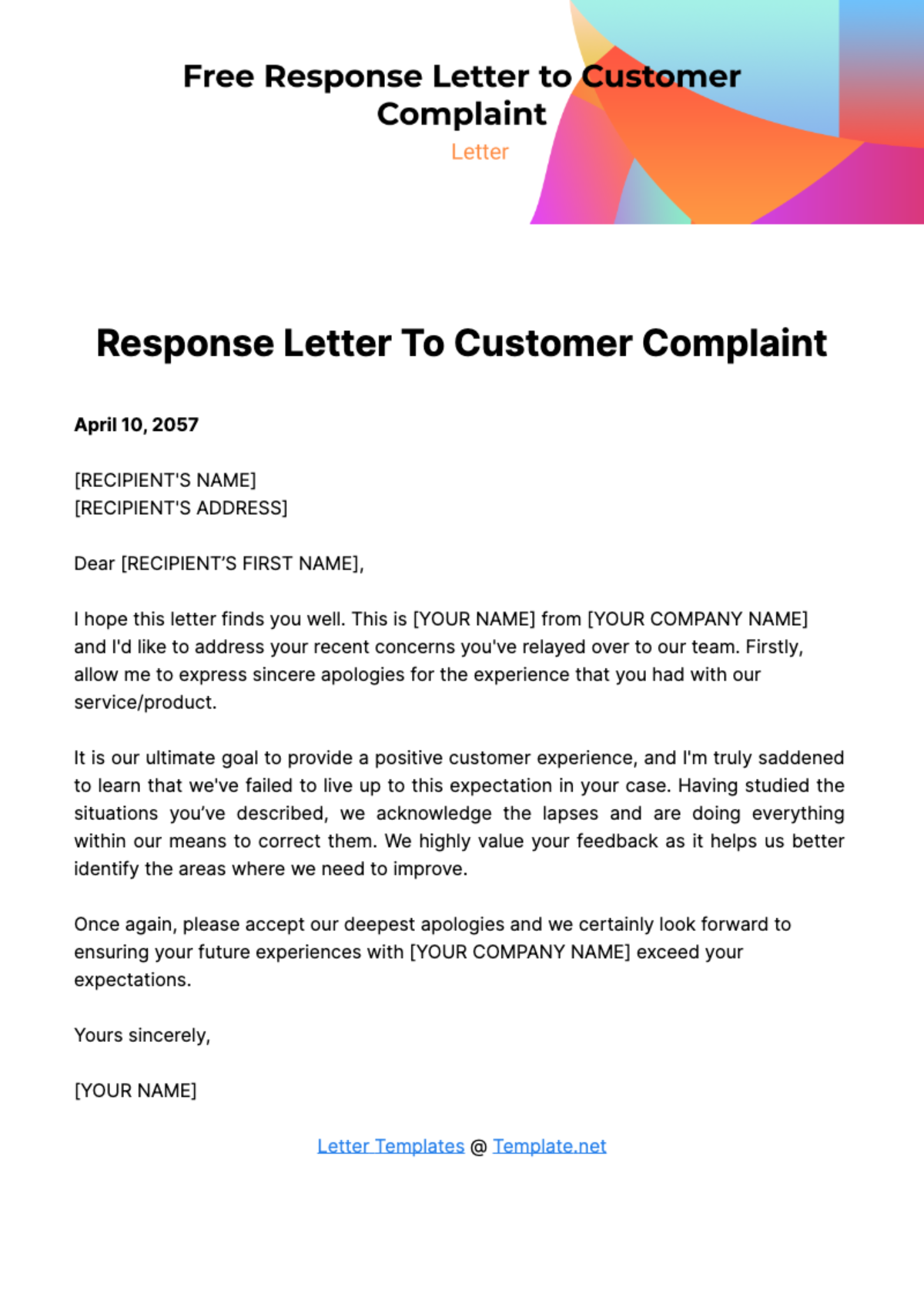 Free Response Letter to Customer Complaint Template