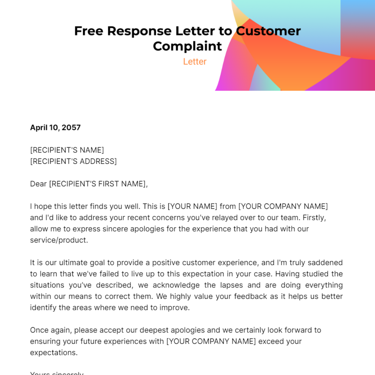 Free Response Letter to Customer Complaint