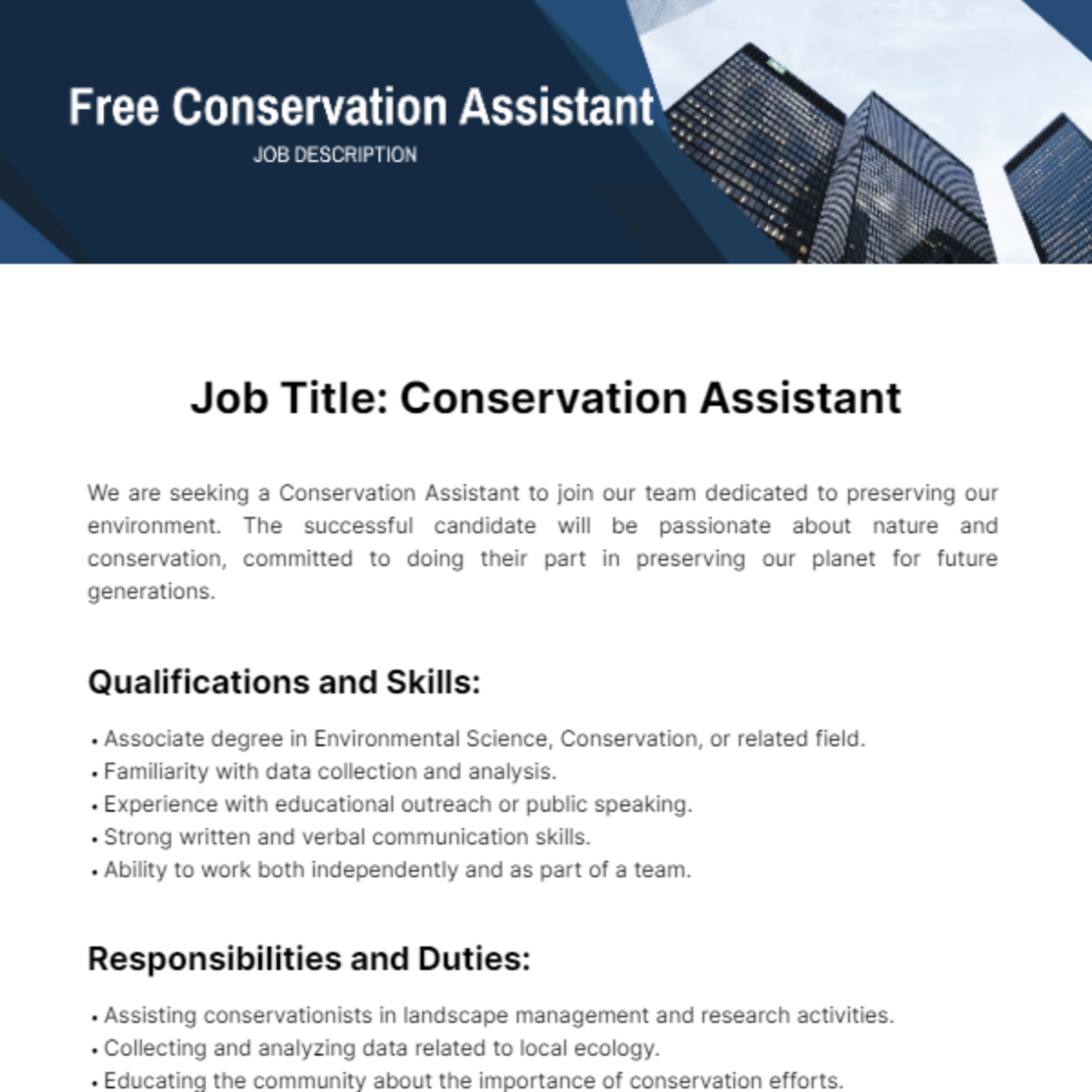 Free Conservation Assistant Job Description Template