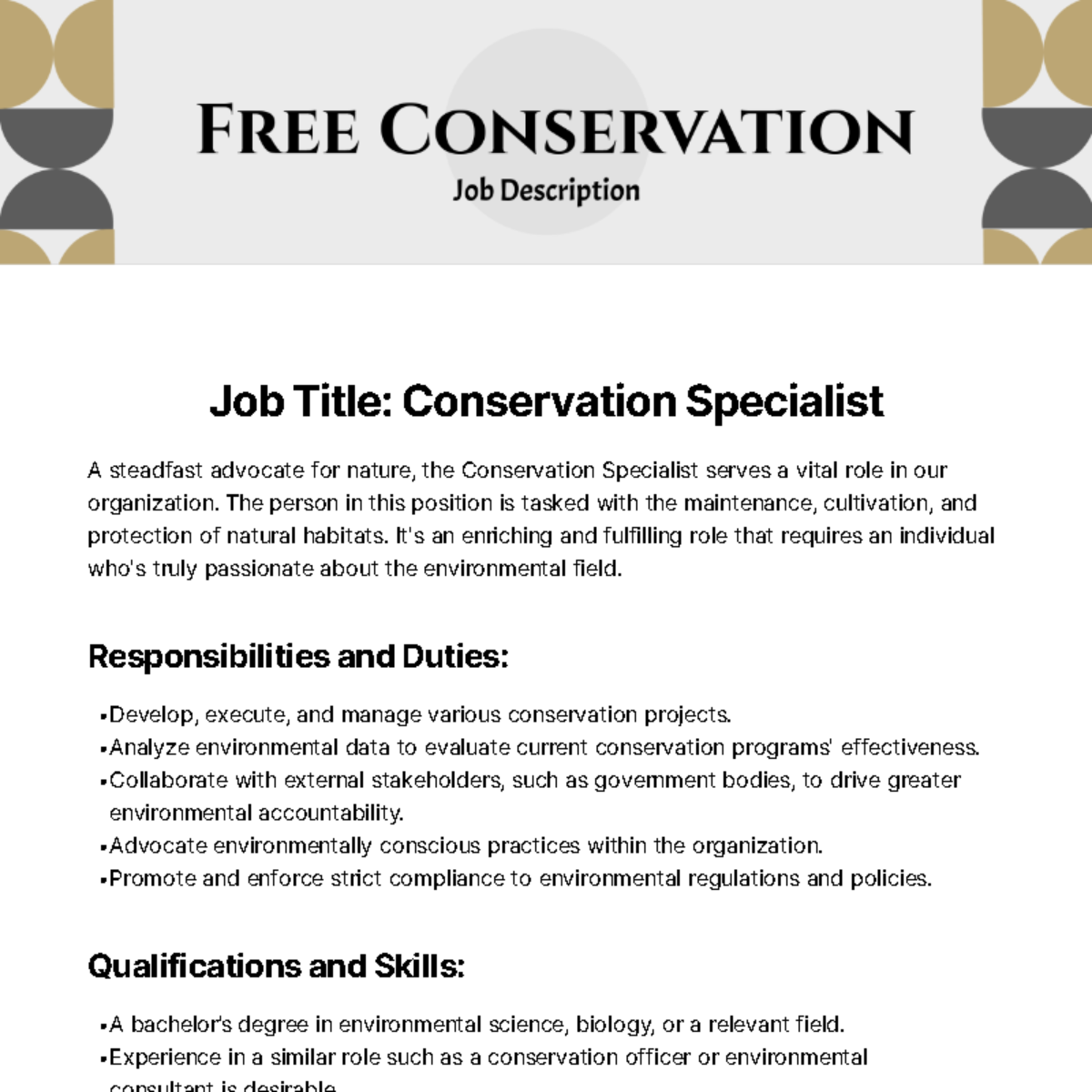 Free Conservation Job Description Template
