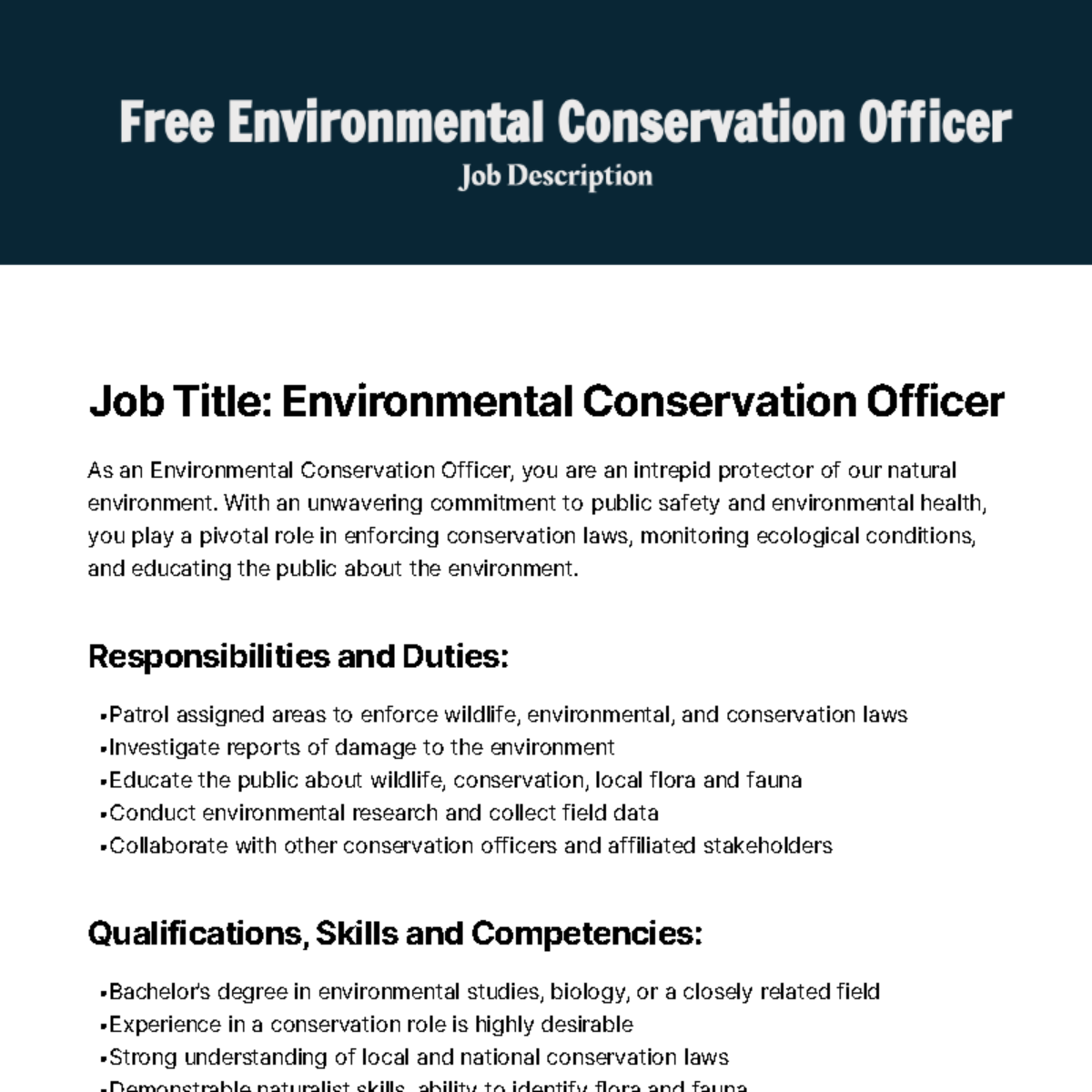 Free Environmental Conservation Officer Job Description Template