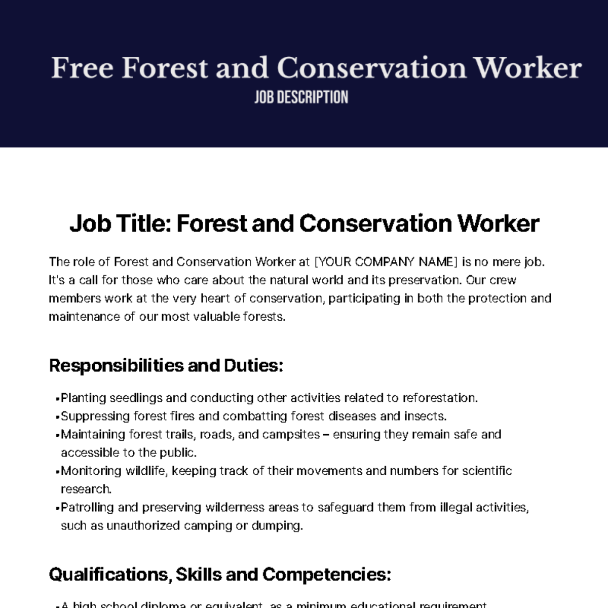 Forest and Conservation Worker Job Description Template