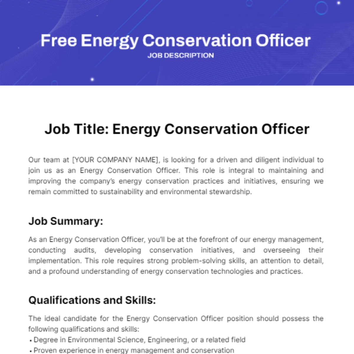 Free Energy Conservation Officer Job Description Template