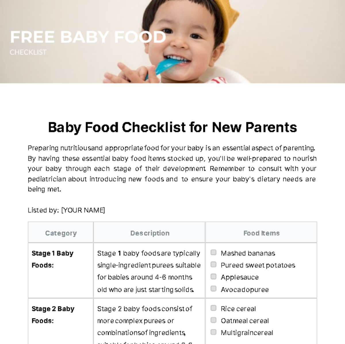 Free Baby Food Checklist Template