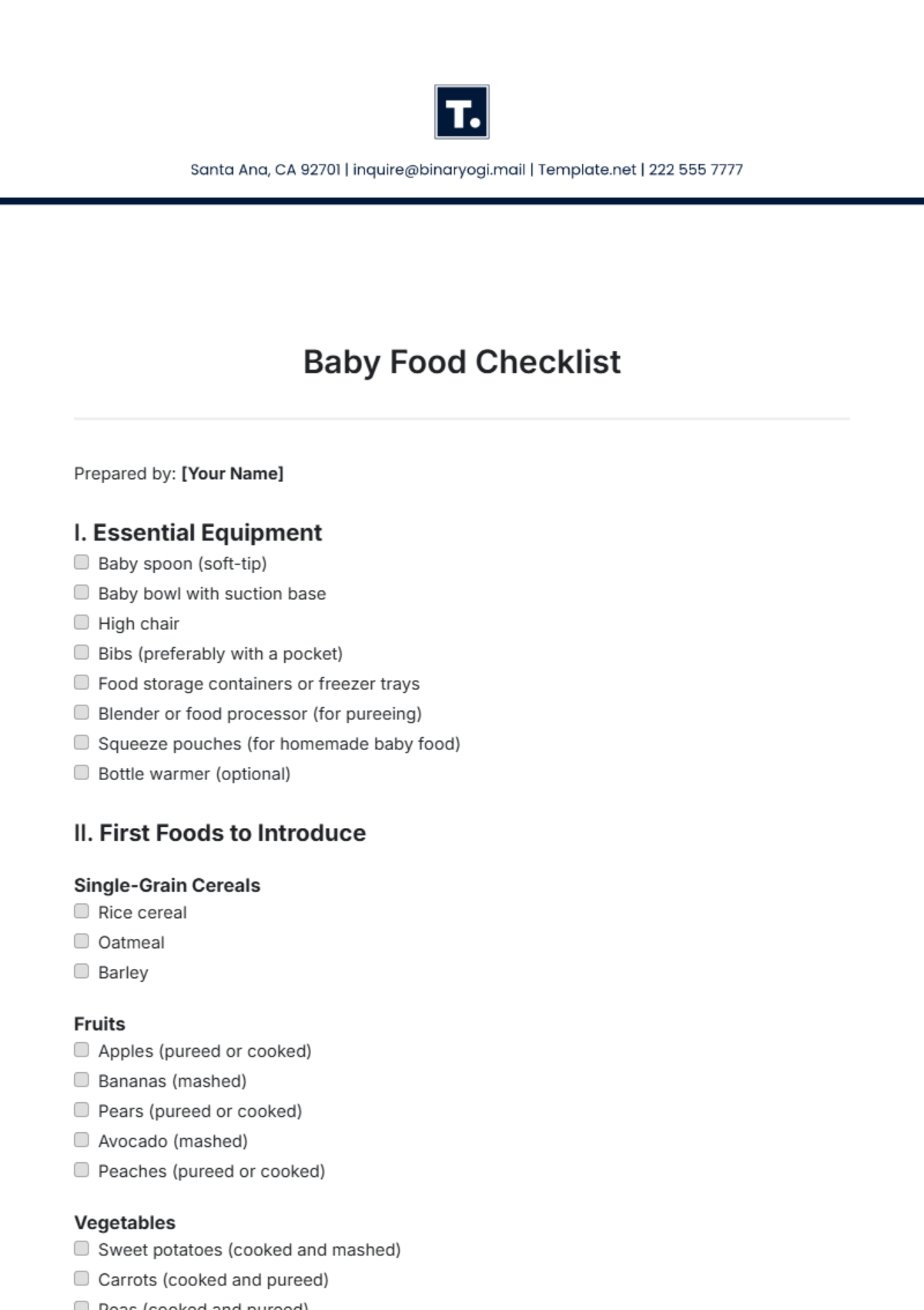 Baby Food Checklist Template - Edit Online & Download