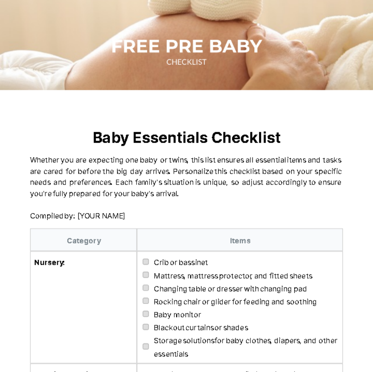 Free Pre Baby Checklist Template