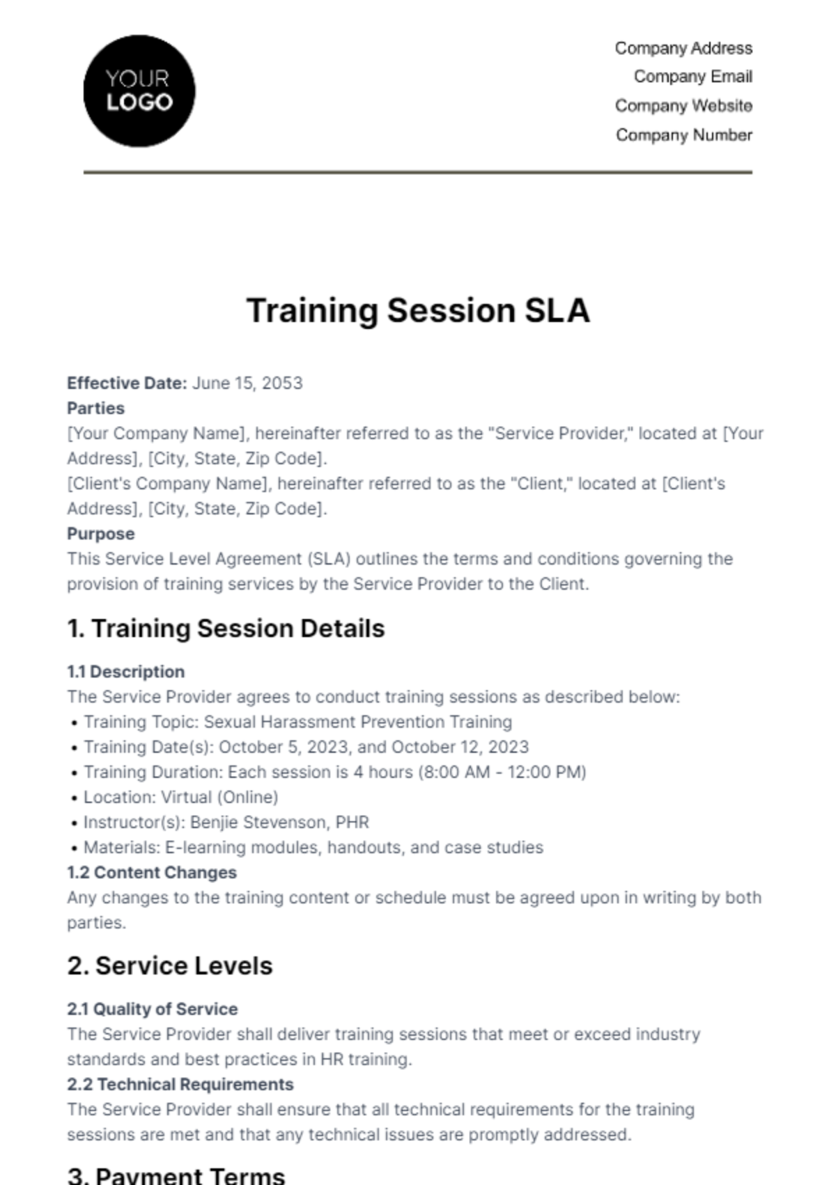Training Session SLA HR Template