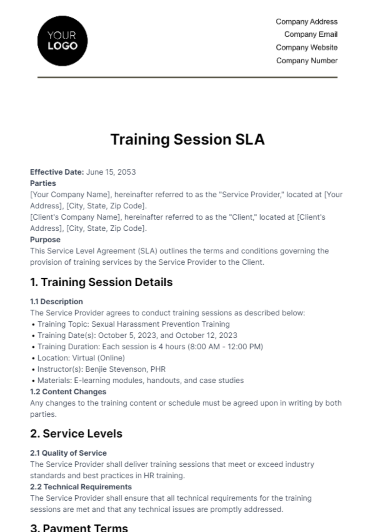 Training Session SLA HR Template - Edit Online & Download